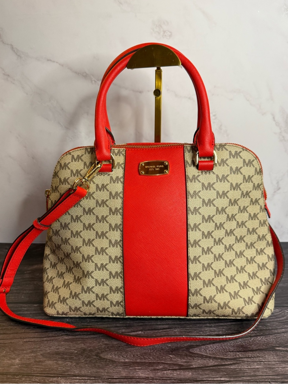 Michael Kors MK Signature Dome Satchel Crossbody Red Gold